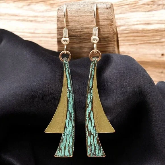 Patina Drop Earrings Gold Green Boho Vintage | Boutique - Picture 2 of 4